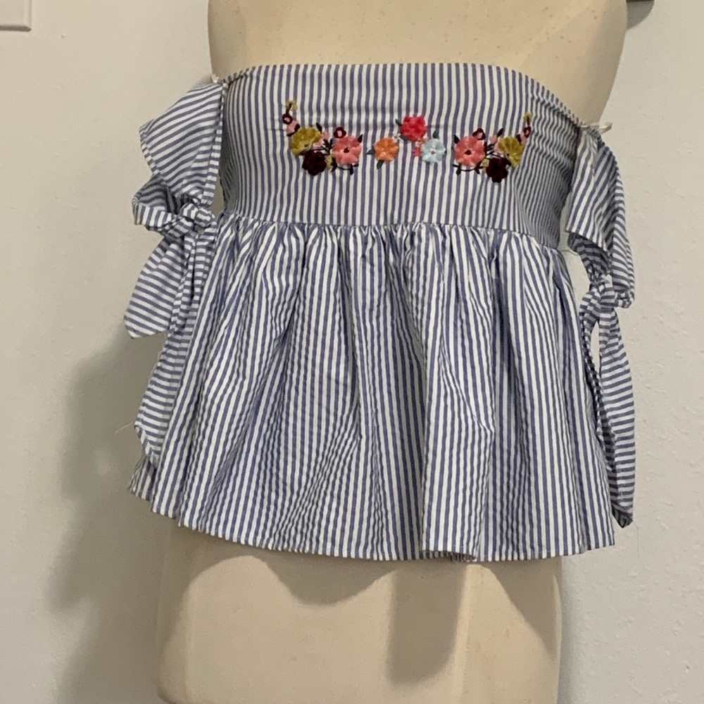 Strapless blue and white striped Zara top